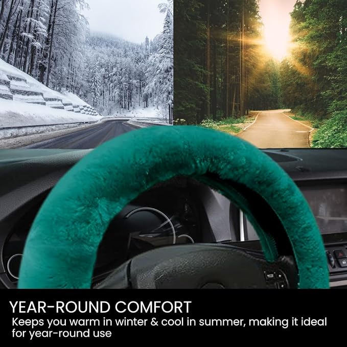 Andalus Brands Luxury Fluffy Car Steering Wheel Covers – Genuine Merino Sheepskin, Soft Fuzzy Car Steering Wheel Cover for Women, Universal 14.5-15" Size, Plush Fur Cute Auto Accessories, Alpine Green