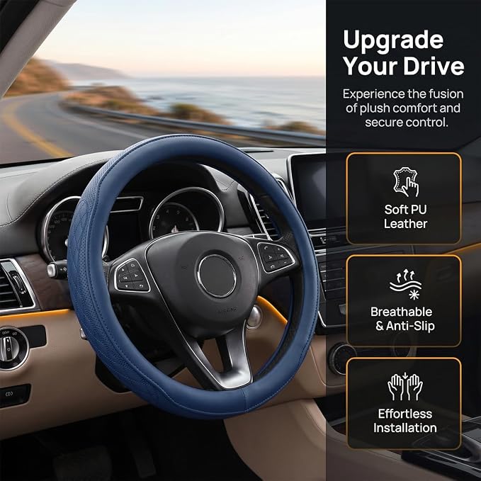 Zpana Car Steering Wheel Cover, 14.5-15" Breathable Soft Leather Vehicle Steering Wheel Protector with Anti-Slip Lining, Comfortable Auto Interior Decoration Accessories, Universal Fit (Dark Blue)