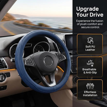 Zpana Car Steering Wheel Cover, 14.5-15" Breathable Soft Leather Vehicle Steering Wheel Protector with Anti-Slip Lining, Comfortable Auto Interior Decoration Accessories, Universal Fit (Dark Blue)