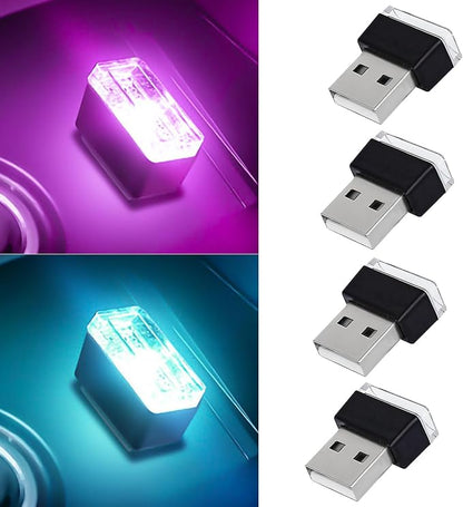 4 PCS USB LED Car Interior Atmosphere Lamp, Portable Mini Auto LED Decor Night Light, Plug-in USB Interface Ambient Lighting Kit, Universal Car Interior Accessories (Purple+Ice Blue)