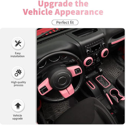 18PCS Full Set Interior Trim Kit for Jeep Wrangler JK JKU 2011-2018 4 Door,Center Console Door Handle Side Outlet Cup Holder Gear Cover Trim (Pink)