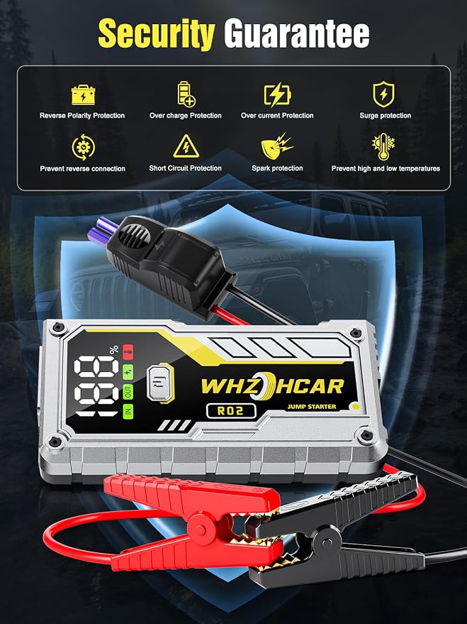 Car Battery Jump Starter 5000A Smart Portable Car Jump Starter Battery Pack (10.0 Gas/9.0L Diesel) 12V Safe Car Jumper with LCD Display Extended Jumper Cables, Fast Charge LED Light