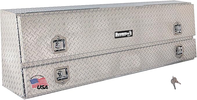 Buyers Products 1705640 21x13x72 Diamond Tread Aluminum Pick Up Truck Contractor Box with Lower Door, Two Tier Storage, Weather Resistant Seals, Locking Latches, No‑Drill Mounting Hardware