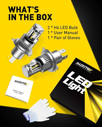 AUXITO H4/9003 Bulbs, 80,000LM 15X Super Output, 6500K Cool White, Long Lifespan, 1:1 Mini Size Replacement Light Bulbs, Plug-N-Play, Pack of 2