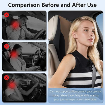 BABUR Car Neck Pillow for Driving Seat, Memory Foam Car Headrest Pillow, Ergonomic Neck Support, Breathable Removable Cover, Adjustable Strap, Pain Relief for Long Drives, Universal Fit | Brown