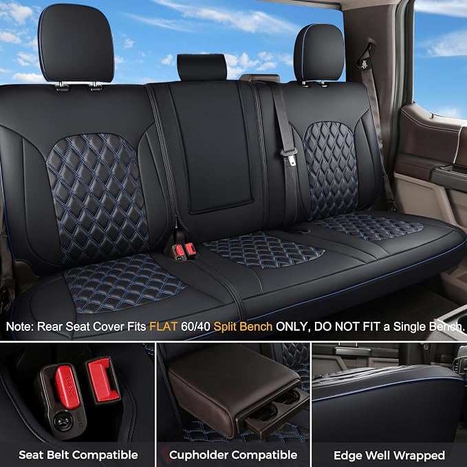 Huidasource Seat Covers for Dodge Ram 2019-2025 RAM 1500 2500 3500 Crew/Mega Cab, Waterproof Ram Leather Seat Covers Full Set, Front & Rear Ram Truck Seat Cushion Covers (Full Set/Black&Blue)
