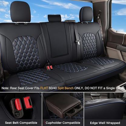 Huidasource Seat Covers for Dodge Ram 2019-2025 RAM 1500 2500 3500 Crew/Mega Cab, Waterproof Ram Leather Seat Covers Full Set, Front & Rear Ram Truck Seat Cushion Covers (Full Set/Black&Blue)