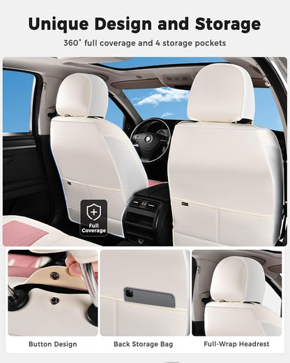 Huidasource Car Seat Covers Full Set, Universal Fit for Most Cars SUV Trucks, Full Coverage Nappa Leather Seat Cover, Airbag, Cupholder Compatible, Seat Function Retain, White&Pink