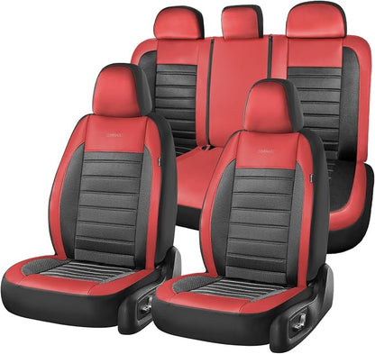 Coverado Car Seat Covers Full Set, Luxury Leather Car Seat Covers, Automotive Front and Rear Mesh Seat Covers, Full Set 5 Seats, Black Red Seat Covers for SUV Sedan Truck