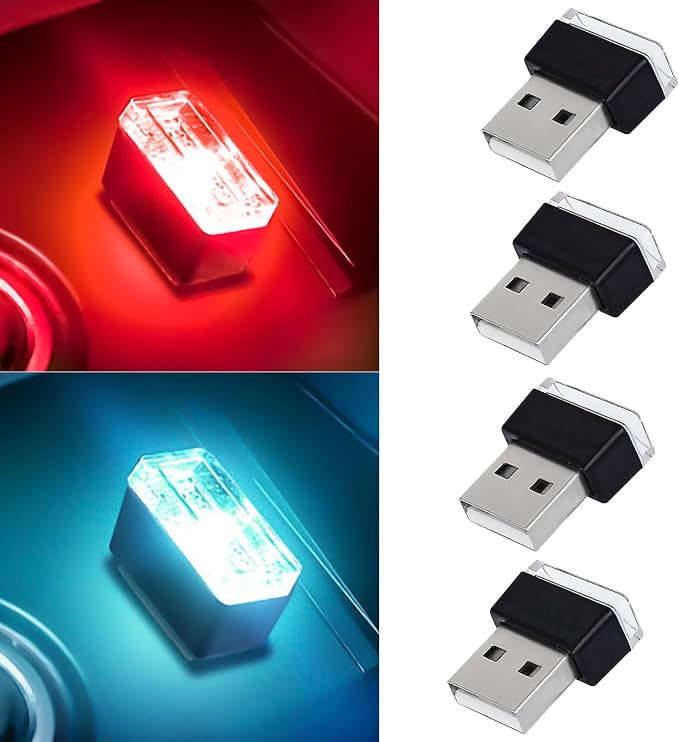4 PCS USB LED Car Interior Atmosphere Lamp, Portable Mini Auto LED Decor Night Light, Plug-in USB Interface Ambient Lighting Kit, Universal Car Interior Accessories (Red+Ice Blue)