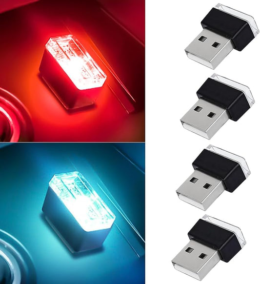 4 PCS USB LED Car Interior Atmosphere Lamp, Portable Mini Auto LED Decor Night Light, Plug-in USB Interface Ambient Lighting Kit, Universal Car Interior Accessories (Red+Ice Blue)