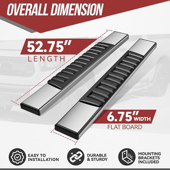 6.75 inch Side Step Bar Running Boards Compatible with 2007-2019 Chevy Silverado 1500 2500 3500 HD Compatible with GMC Sierra 07-19 2 Door Standard Cab Stainless Steel Chrome
