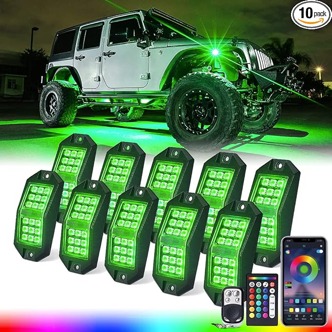 Xprite Jeep Rock Lights 10 Pods Wide Angle Bluetooth RGB LED Rocklights Kit, Multicolor Neon Lighting Footwell Underglow Kits w/Wireless Remote, Compatible Off-Road Trucks Cars UTV ATV SUV RZR