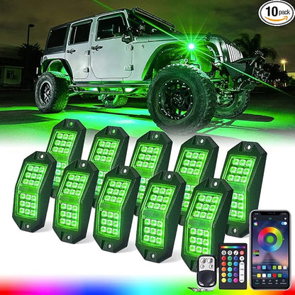 Xprite Jeep Rock Lights 10 Pods Wide Angle Bluetooth RGB LED Rocklights Kit, Multicolor Neon Lighting Footwell Underglow Kits w/Wireless Remote, Compatible Off-Road Trucks Cars UTV ATV SUV RZR