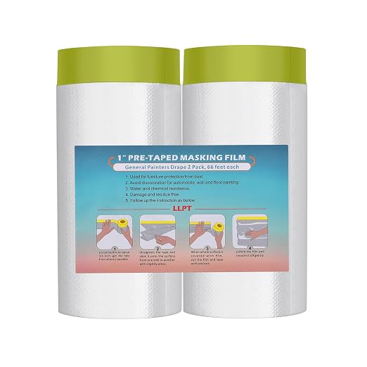 LLPT Pre-Taped Masking Film, 59.1" Unfolded x 66Ft, 0.31 Mil, 2 Pack