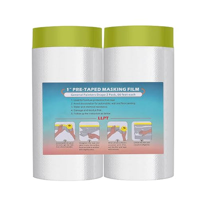 LLPT Pre-Taped Masking Film, 59.1" Unfolded x 66Ft, 0.31 Mil, 2 Pack