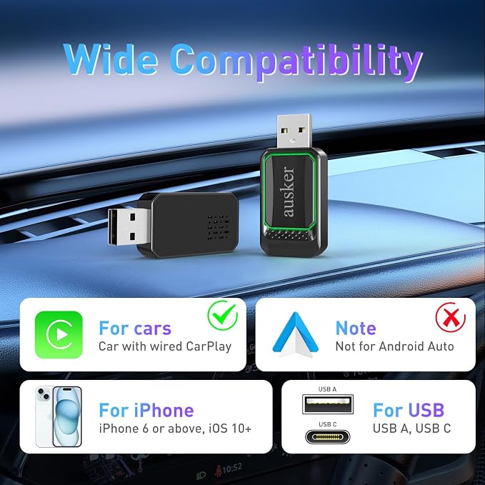 Wireless CarPlay Adapter for iPhone, Car Play Wireless Adapter Mini Size with USB A/USB C Extension Cable for Cars with Built in Wired CarPlay, Plug and Play, No Latency & Stable Connection