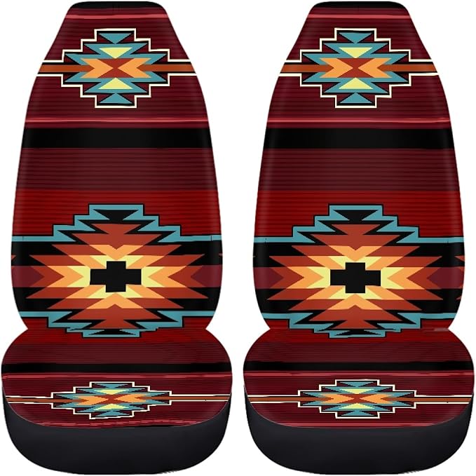 Southwest Native American Tribal Car Seat Covers Full Set,Aztec Red Print Navajo Design Vehicle Front Rear Bench Cushion Protectors Auto Interior Accessories Universal Fit for Trucks Sedans