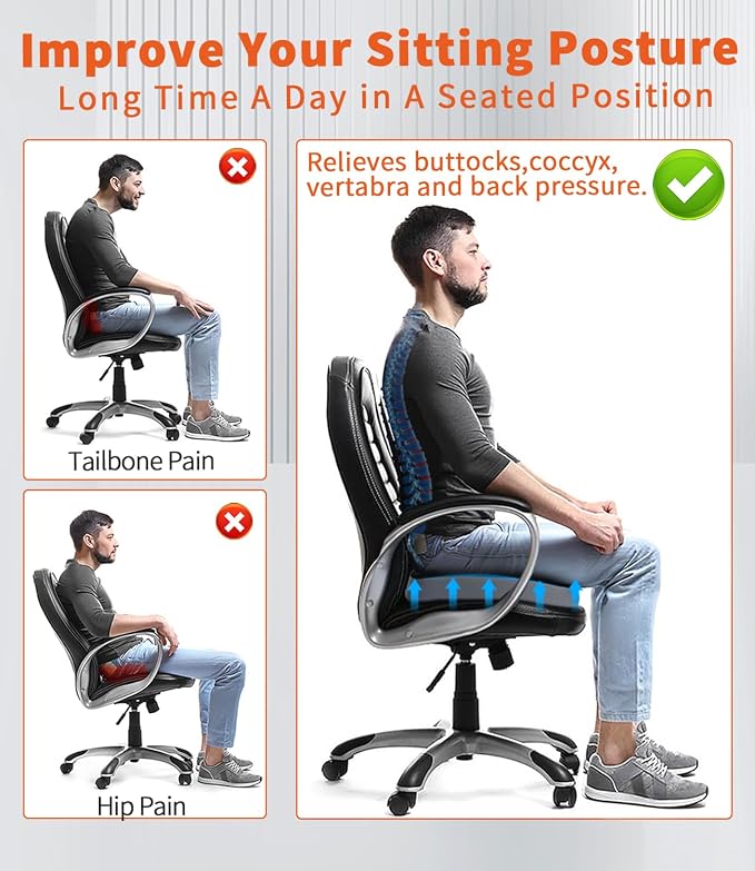 Memory Foam Seat Cushion, Large Office Chair Cushions Chair Pad for Tailbone Sciatica Coccyx Lower Back Pain Relief, Orthopedic Butt Pillow for Desk Chair Car Wheelchair Long Sitting (Black)