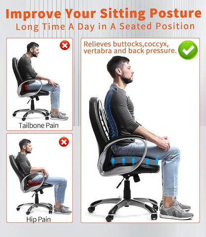 Memory Foam Seat Cushion, Large Office Chair Cushions Chair Pad for Tailbone Sciatica Coccyx Lower Back Pain Relief, Orthopedic Butt Pillow for Desk Chair Car Wheelchair Long Sitting (Black)
