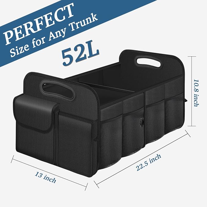 Trunk Organizer, Collapsible Waterproof car Trunk Organizer for SUVs & Sedans, Car Storage Organizers with Reinforced Handles, Car Accessories for Women and Men, 2 Compartments, 52L, Black