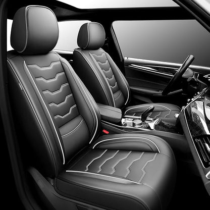 Fit Patriot Car Seat Covers for Jeep Patriot 5 Seats 2007-2016 2017 -Premium Leather,Waterproof & Breathable，All-Weather Seat Cushion Protecto & Airbag Compatible, 2 Front Seat White Line Black