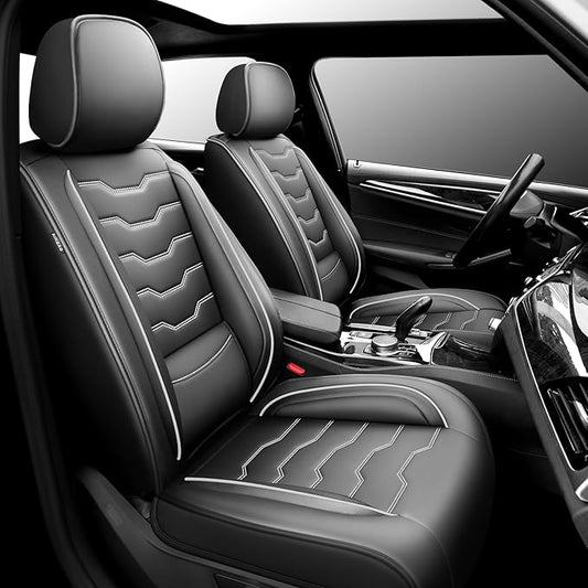 Fit Gladiator Car Seat Covers for Jeep Gladiator 2020-2026 -Full Set Premium Leather,Waterproof & Breathable，All-Weather Seat Cushion Protecto & Airbag Compatible, 2 Front Seat White Line Black
