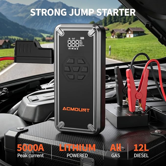 W160 Jump Starter with Air Compressor, 5000A Portable Car Jump Starter 150PSI Tire Inflator/Air Pump, 12V Battery(Up to 9L Gas/8L Diesel Engine) Jump Pack Car Emergency Kit Idea Gift for Man (Silver)
