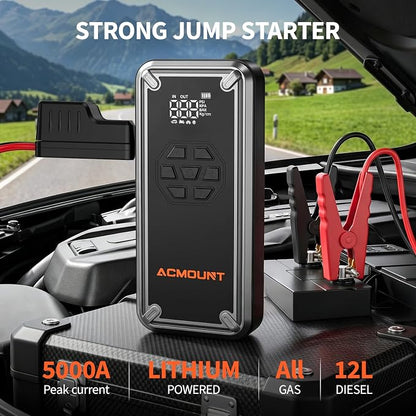 W160 Jump Starter with Air Compressor, 5000A Portable Car Jump Starter 150PSI Tire Inflator/Air Pump, 12V Battery(Up to 9L Gas/8L Diesel Engine) Jump Pack Car Emergency Kit Idea Gift for Man (Silver)