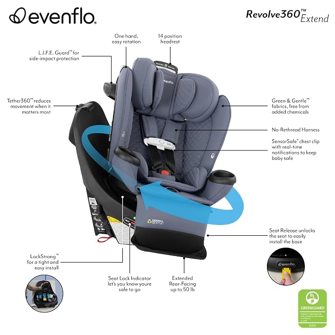Evenflo Revolve360 Extend All-in-One Rotating Car Seat with Green & Gentle Fabric (Agate)
