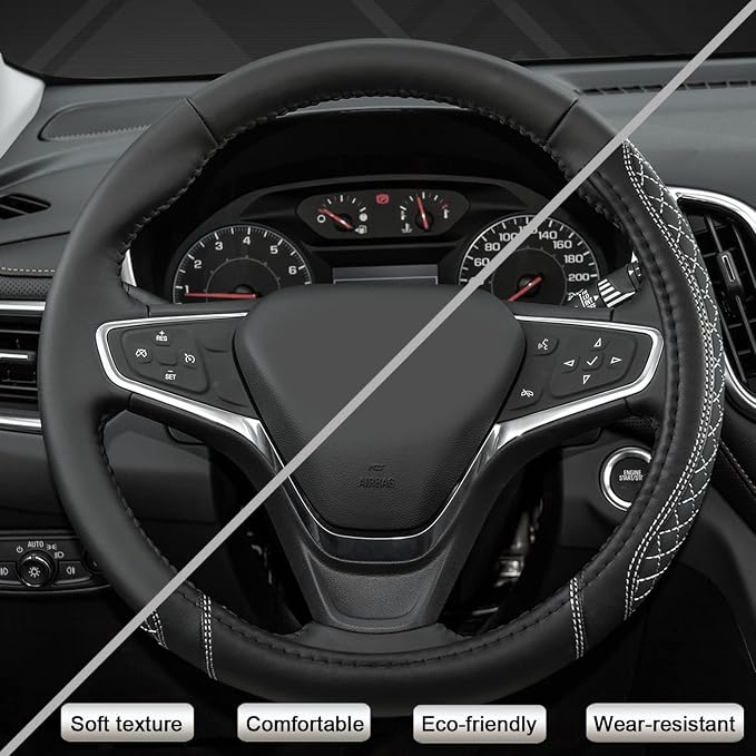 West Llama Customized Auto Car Steering Wheel Cover for Chevy Silverado,Tahoe,Equinox,Traverse,Trailblazer,Colorado(Diamond Quilted-Black+Gray-Standard Size)