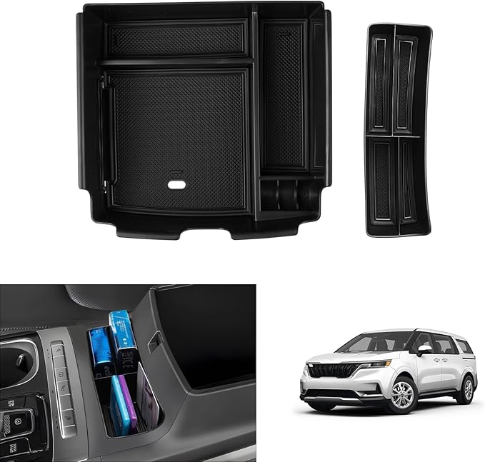 Autorder 2PCS Center Console Organizer for Kia Carnival 2022-2025 2026 Accessories Armrest Storage Box Secondary Insert Tray with Black Anti-Slip Mat（Front Tray + Armrest Organizer）