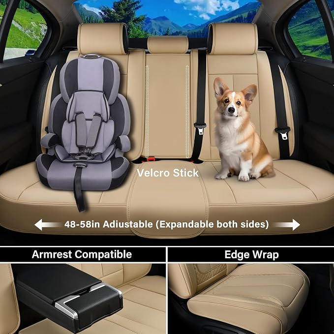 Coverado Car Seat Covers Full Set, Beige Seat Covers Front Seats Back Seat Covers, Nappa Leather Waterproof Car Seat Cover, Car Seat Cushion, Car Seat Protector Universal Fit Most Cars