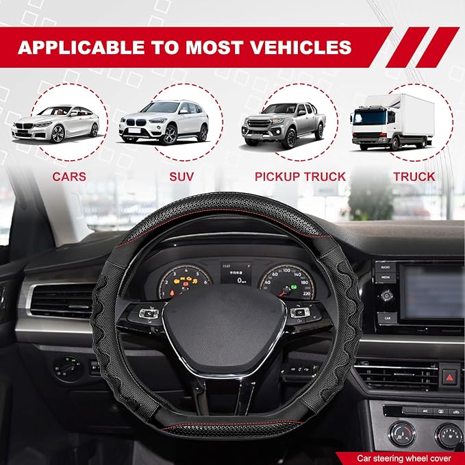 D Shaped 14.5-15 Inch Steering Wheel Cover, 3D Honeycomb Anti-Slip Design with Great Grip, Flat Bottom Comfy Car Steering Wheel Protector (Black)