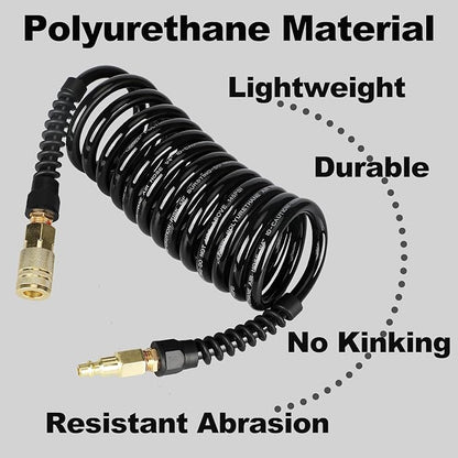 Keepro Polyurethane Recoil Air Hose, 1/4 Inch ID By 50 Feet Long Air Compressor Hose with Repairable Solid Brass 1/4" Industrial Quick Coupler and Plug, 145 PSI Maximum Pressure, Black