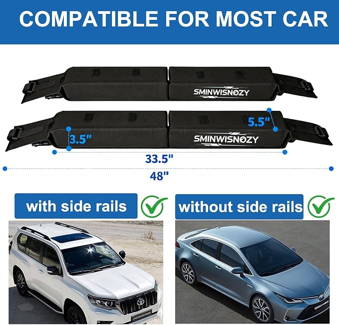 Universal Soft Roof Rack Pads with Two 16 FT Tie-Down Straps, Bow & Stern Ropes, Quick Loops & Storage Bag–Car Roof Rack for Kayak, Surfboard, SUP, Canoe–Fits Cars, SUVs, Sedans & Hatchbacks(1 Pair)