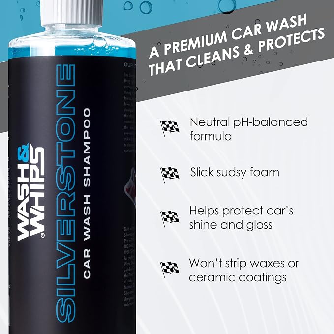 WASH&WHIPS Silverstone Car Wash Shampoo – pH Balanced Soap to Eliminate Grime, Dirt Without Scratching Paint, Foam Gun, Car Soap – Spot-Free Auto Detergent, 16 fl oz