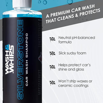 WASH&WHIPS Silverstone Car Wash Shampoo – pH Balanced Soap to Eliminate Grime, Dirt Without Scratching Paint, Foam Gun, Car Soap – Spot-Free Auto Detergent, 16 fl oz