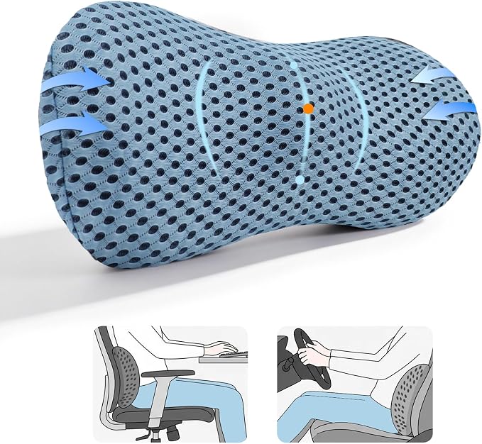 Lumbar Support Pillow, Memory Foam Lumbar Pillow for Office Chair and Car Seat, Back Pillow for Lower Back Pain Relief, Back Support Pillow for Sitting, Driving, Traveling (Blue)