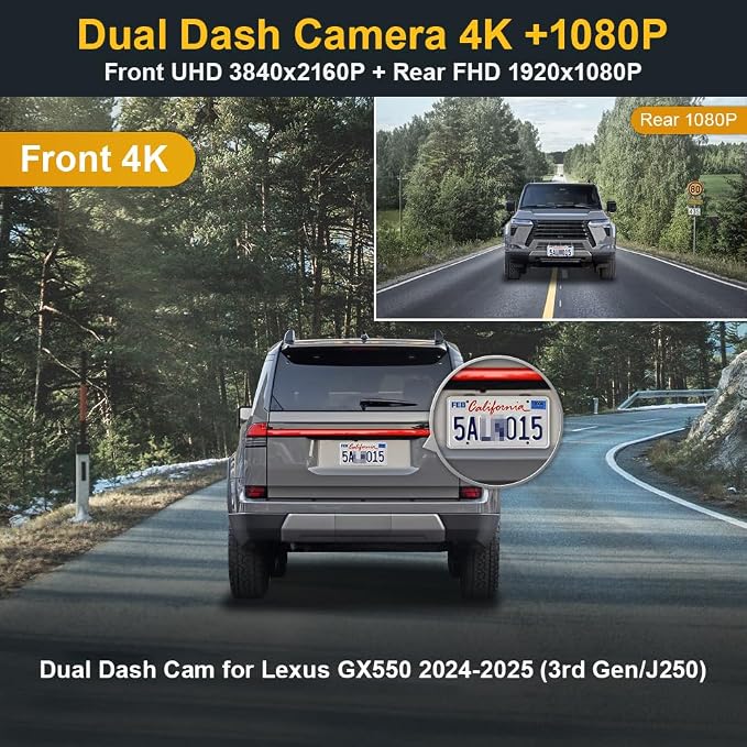 Fitcamx Front 4K+Rear 1080P Dash Cam Adapts for Lexus GX550 2024-2026 (Gen3/J250), OEM Factory Look, 2 Channel HD Video, WiFi & APP, Loop Recording, Gravity Sensor, Easy to Set, 128GB Card