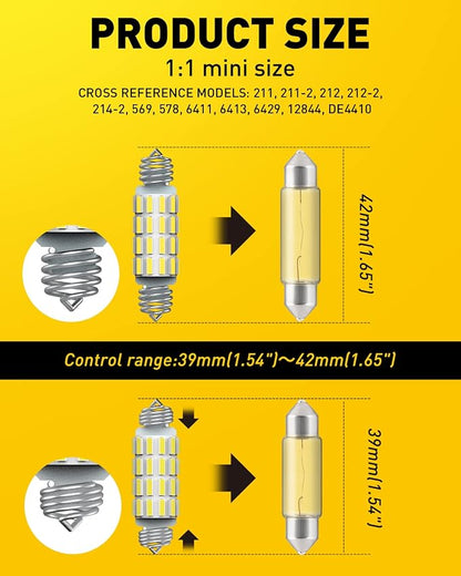 AUXITO 578 LED Bulbs 211-2 212-2 Festoon Bulb 39mm 41mm 42mm LED Lights Bulb 6500K White Extremely Bright 4014 SMD for Car Truck LED Interior Dome Map Door Courtesy Lights License Plate Bulbs, 4 Pack