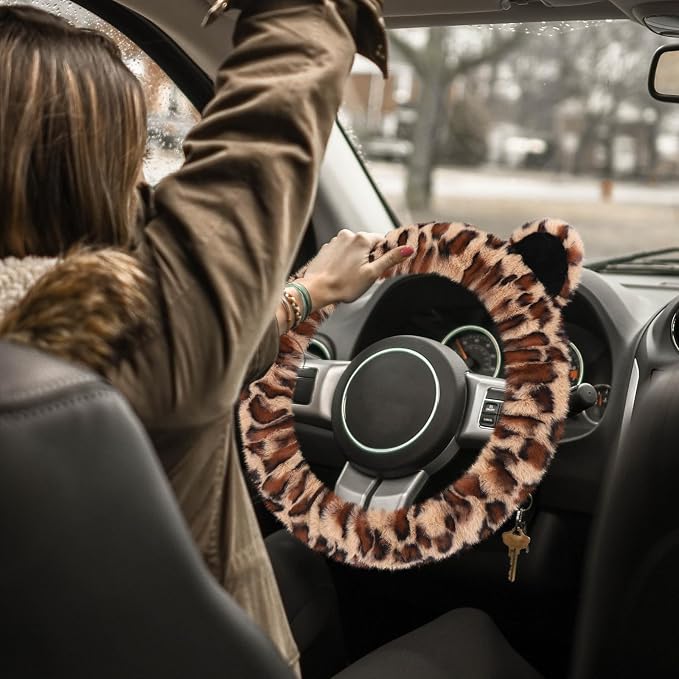 Accmor Fluffy Car Steering Wheel Cover, Leopard Fuzzy Vehicle Wheel Cover for Women Non-Slip Furry Warm Steering Wheel Protector with Cute Ears, Car Accessories 15 inch Universal Fit Auto, Suvs, Truck