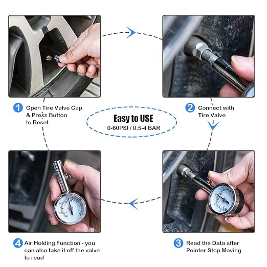 CZC AUTO Heavy Duty Tire Pressure Gauge Reader Checker 0-60PSI, ANSI B40.1 Accurate Mechanical Air Gage, Chrome Plated Single Chuck Dial Wheel Pressure Tester for Motorcycle Bike Car RV Bicycle