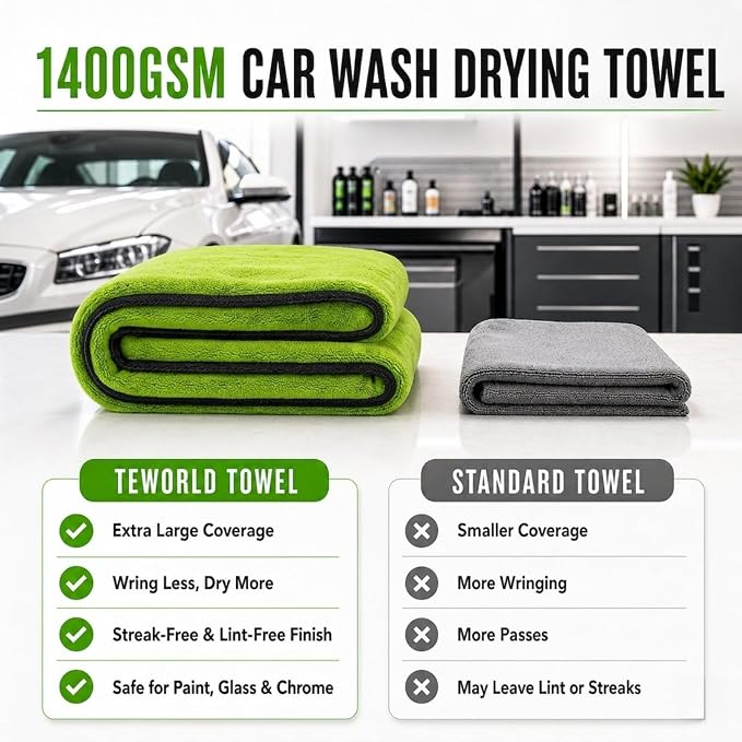 1400 GSM Car Drying Towels – XXL Microfiber Towels for Cars (48" x 24"), Ultra-Absorbent, Streak-Free, Scratch-Free, No Water Spots, Double-Twist Pile & Edgeless Design