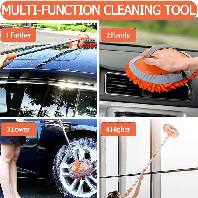 WillingHeart 47.5" Car Wash Brush Mop Cleaning Tool with Long Handle Kit for Washing Detailing Cars Truck, SUV, RV, Trailer, Boat 2 in 1 Chenille Microfiber Sponge Duster Not Hurt Paint Scratch Free
