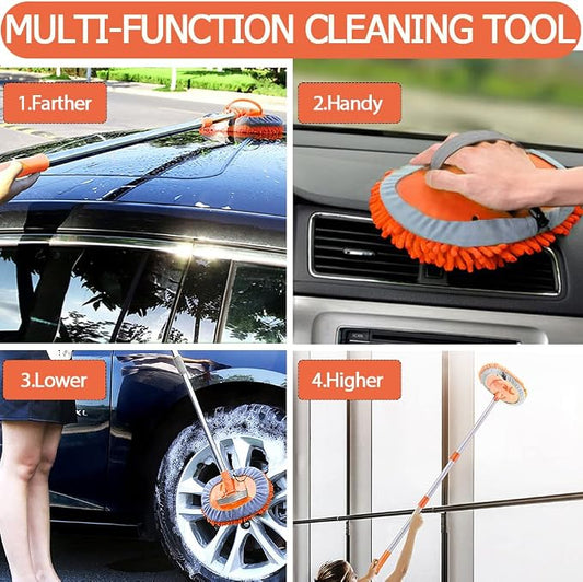 WillingHeart 47.5" Car Wash Brush Mop Cleaning Tool with Long Handle Kit for Washing Detailing Cars Truck, SUV, RV, Trailer, Boat 2 in 1 Chenille Microfiber Sponge Duster Not Hurt Paint Scratch Free