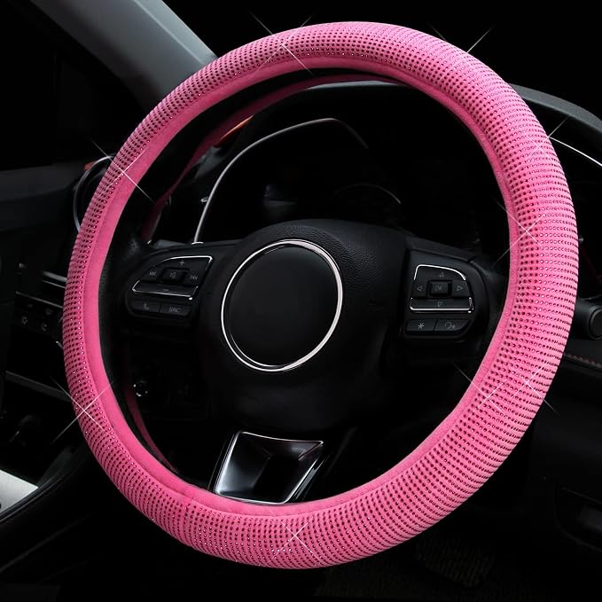 Valleycomfy Steering Wheel Cover for Women Bling Bling Crystal Diamond Sparkling Car SUV Wheel Protector Universal Fit 15 Inch (Rose,Standard Size(14" 1/2-15" 1/4))