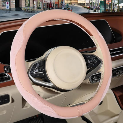Nappa Leather Steering Wheel Cover, Advanced Microfiber Leather Non-Slip Breathable Fabric, Warm in Winter and Cool in Summer, Pink Large 15.5 inch to 16 inch