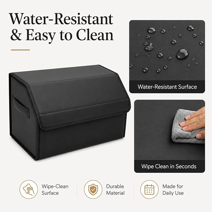 Car Trunk Organizer, Foldable Cargo Storage Box with Hook-and-Loop Lid, Suede & Faux Leather Trunk Organizer for SUV Sedan Truck, Adjustable Divider, Handles, Black, 19.7inches