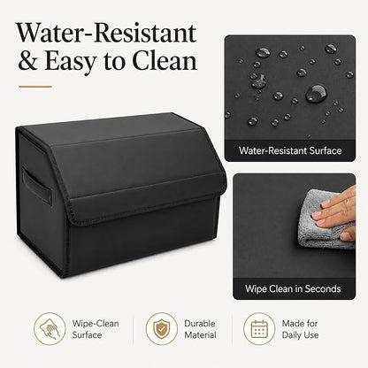 Car Trunk Organizer, Foldable Cargo Storage Box with Hook-and-Loop Lid, Suede & Faux Leather Trunk Organizer for SUV Sedan Truck, Adjustable Divider, Handles, Black, 19.7inches